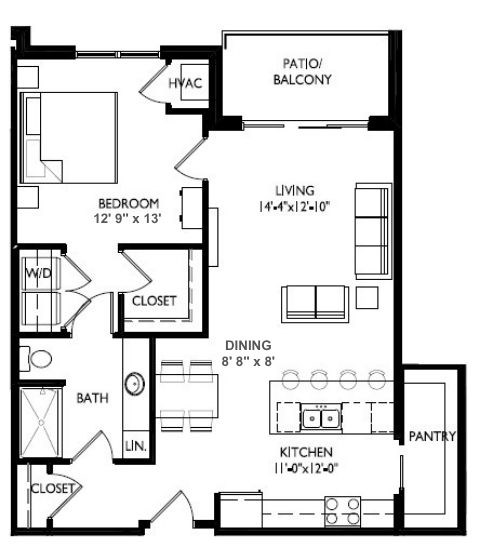 Floor plan for 1 bed, 1 bath, 897 sqft